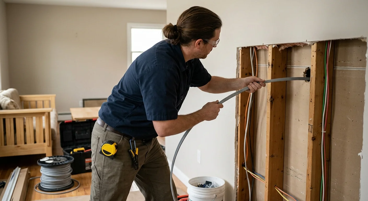 Electrician pulling new cable through an open wall cavity during rewiring