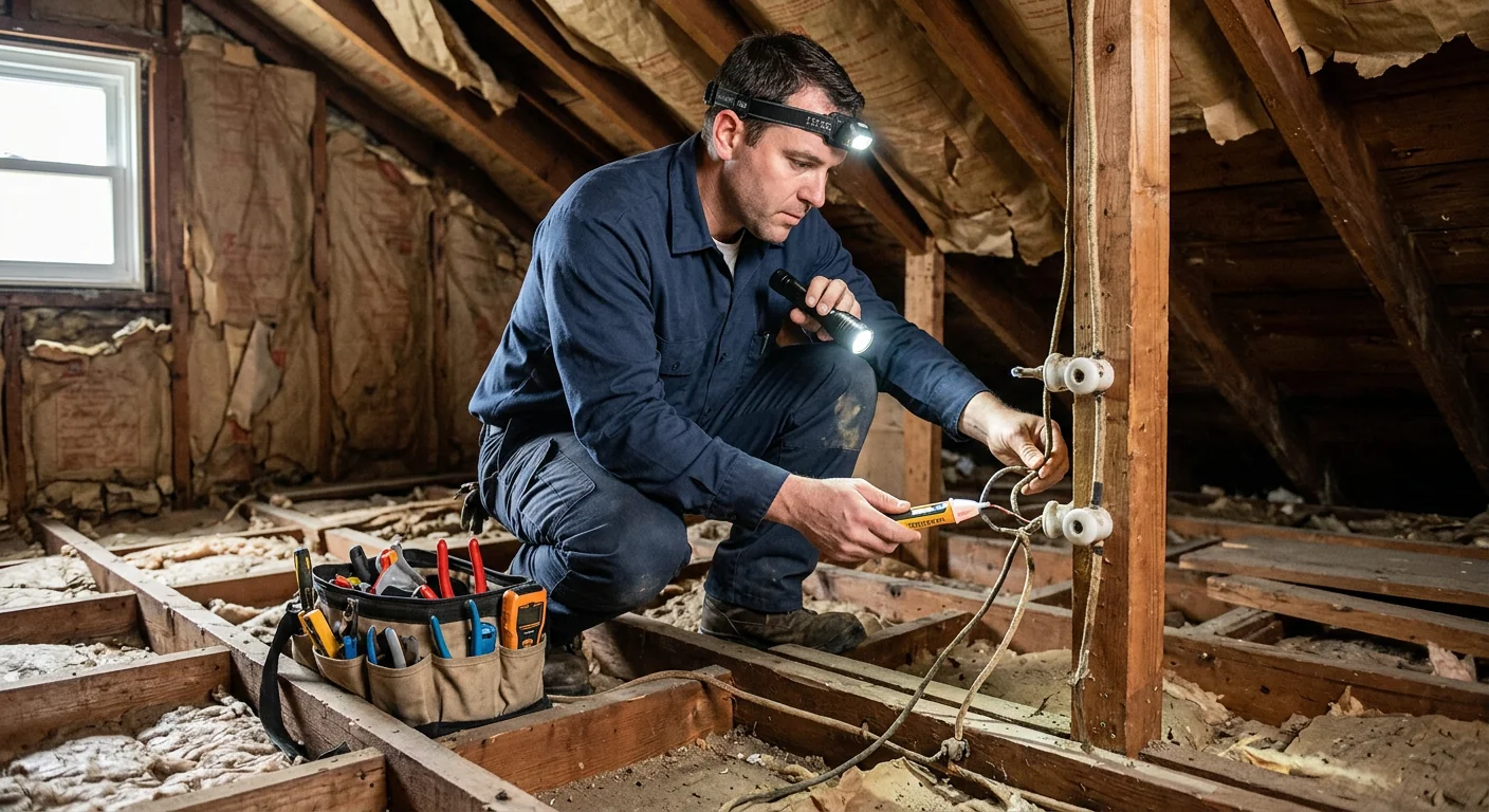 Before context showing old knob-and-tube wiring in an older Commack attic