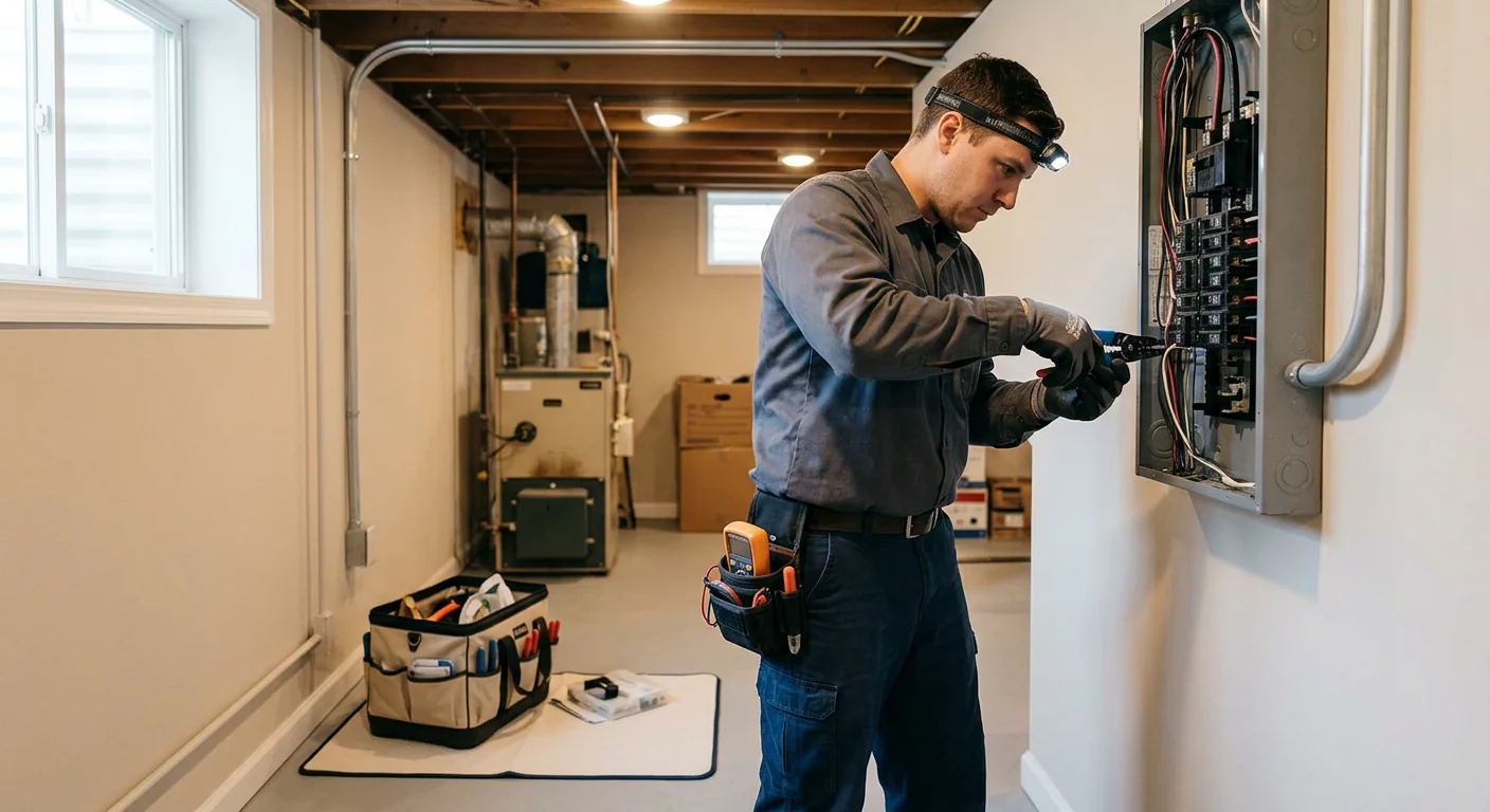 Electrician labeling new copper circuits at an upgraded panel during a Commack house rewiring