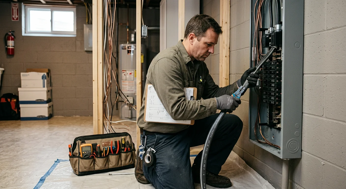 Electrician installing recessed ceiling lighting in a Commack home living room