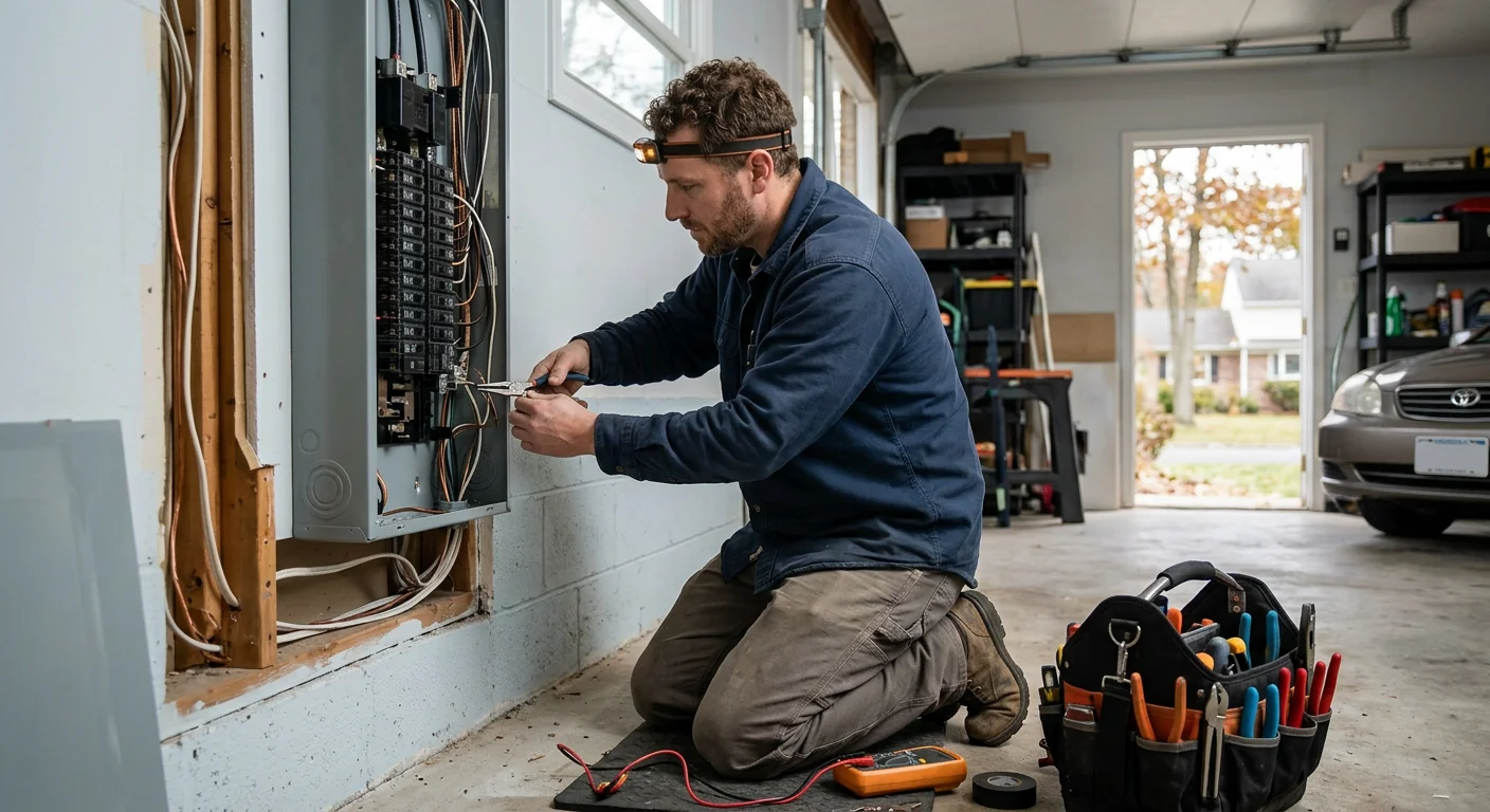 Electrician inspecting a flickering ceiling fixture inside a Commack home