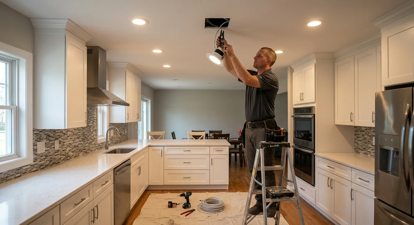 Recessed LED cans installed evenly across a renovated Commack kitchen ceiling