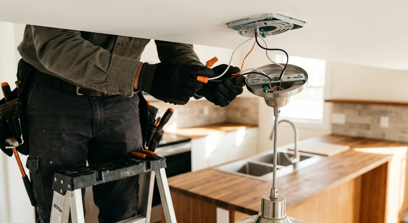 Electrician mounting a pendant fixture over a dining island in Commack