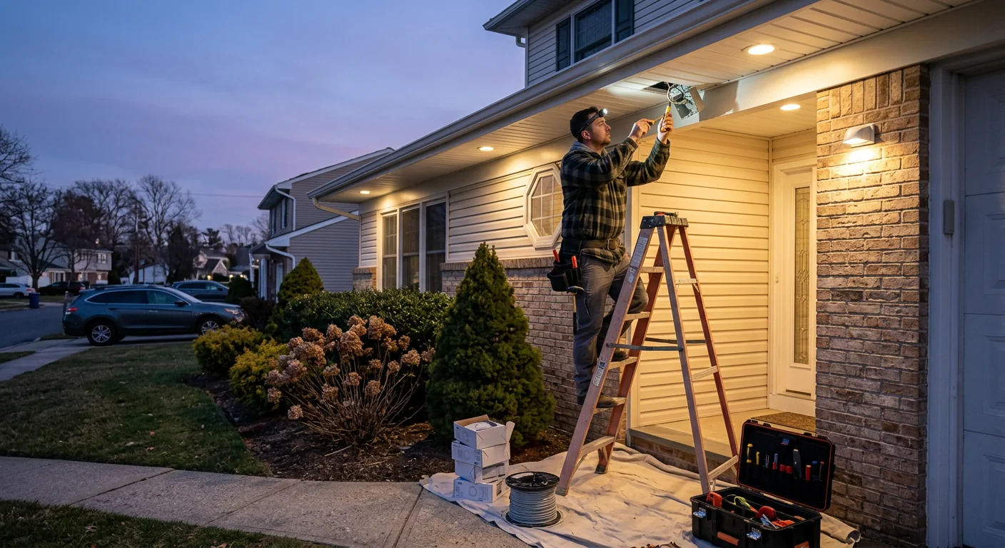New exterior soffit lighting installed along a Commack home entryway