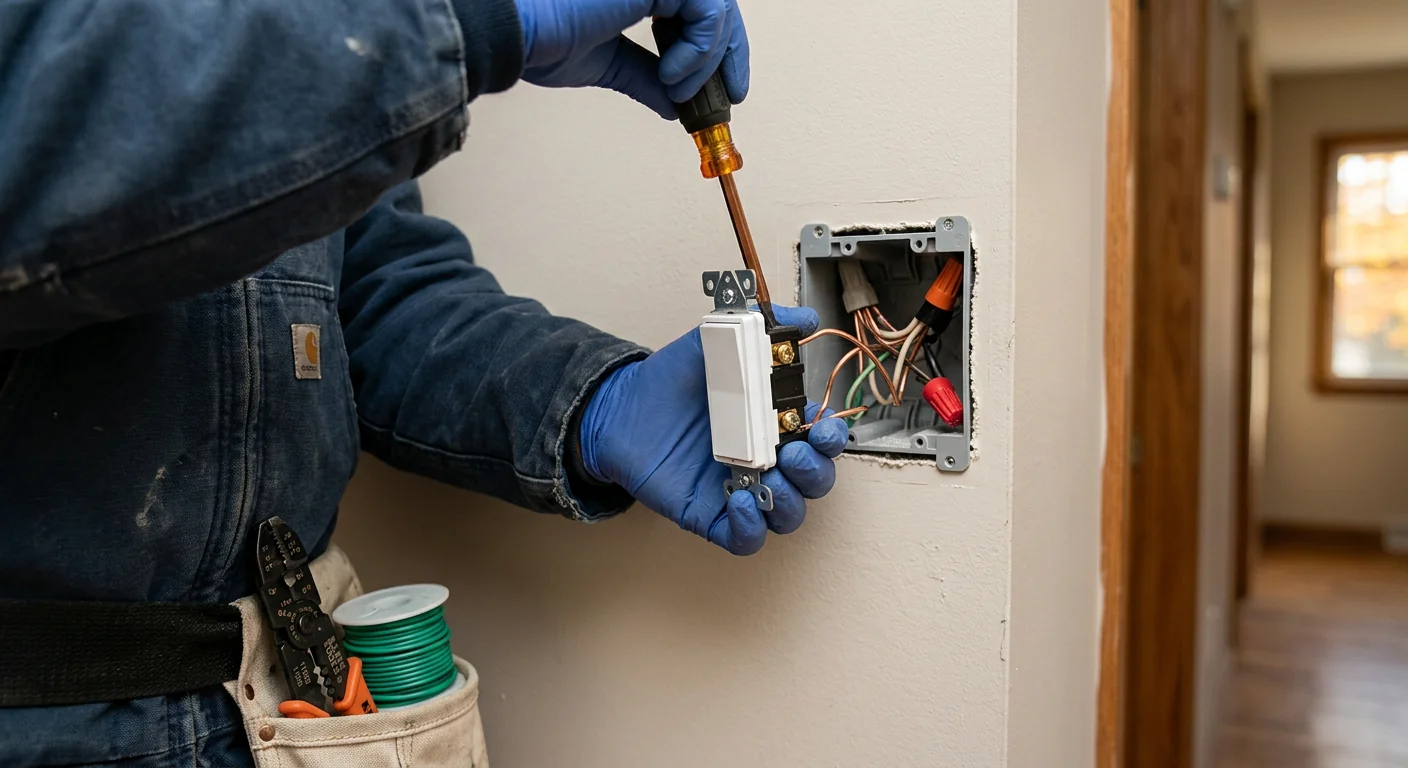 Close-up of a smart dimmer switch wired into a wall box