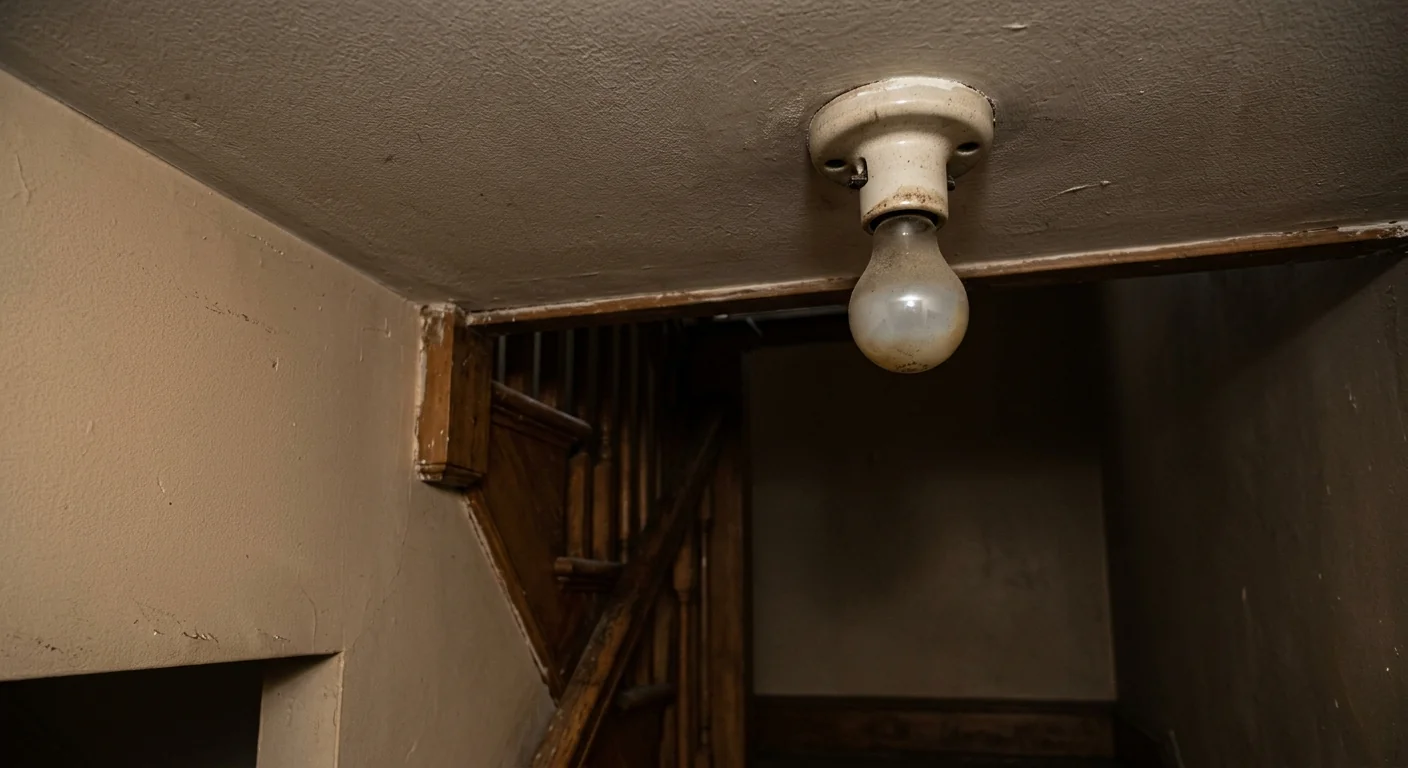 Dim stairwell before upgraded lighting fixtures were installed in Commack