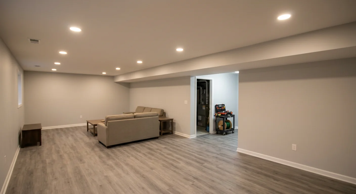 Finished basement with recessed lighting layout completed in Commack