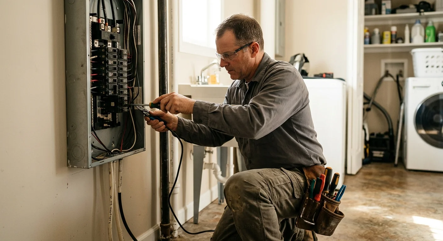 Electrician reviewing outlet wiring and estimate details in a Commack property