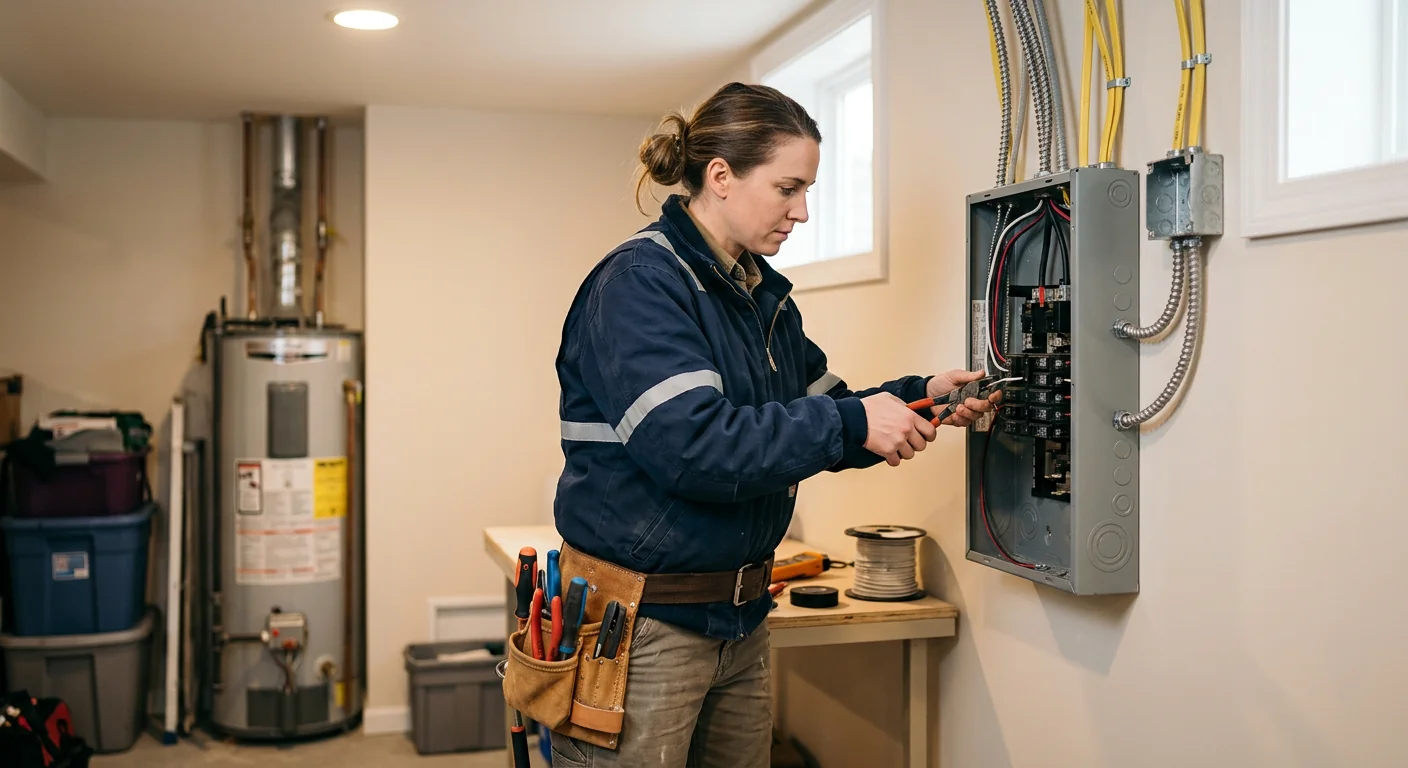 Electrician installing a new wall outlet in a Commack home