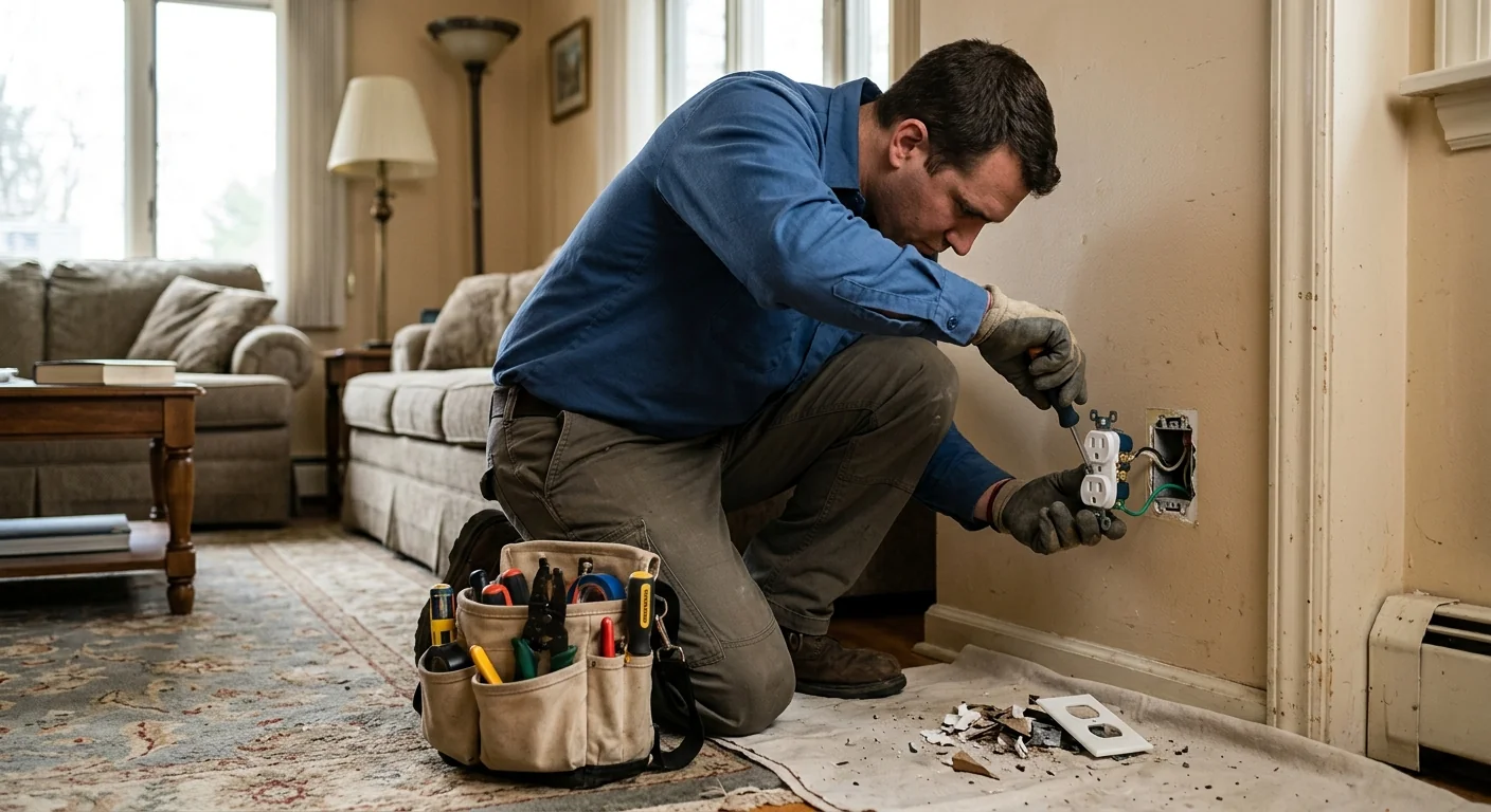 Two-prong outlet replaced with a grounded three-prong receptacle in an older living room