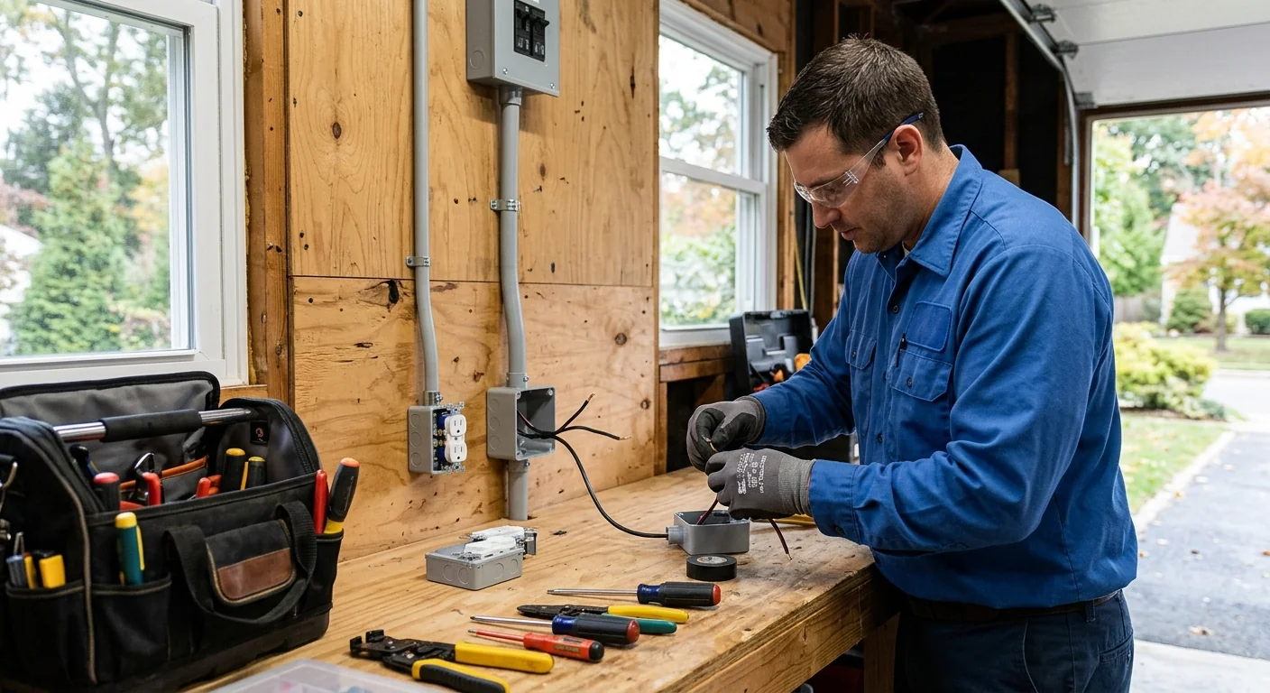 Garage workbench area with newly added dedicated outlets on a fresh circuit